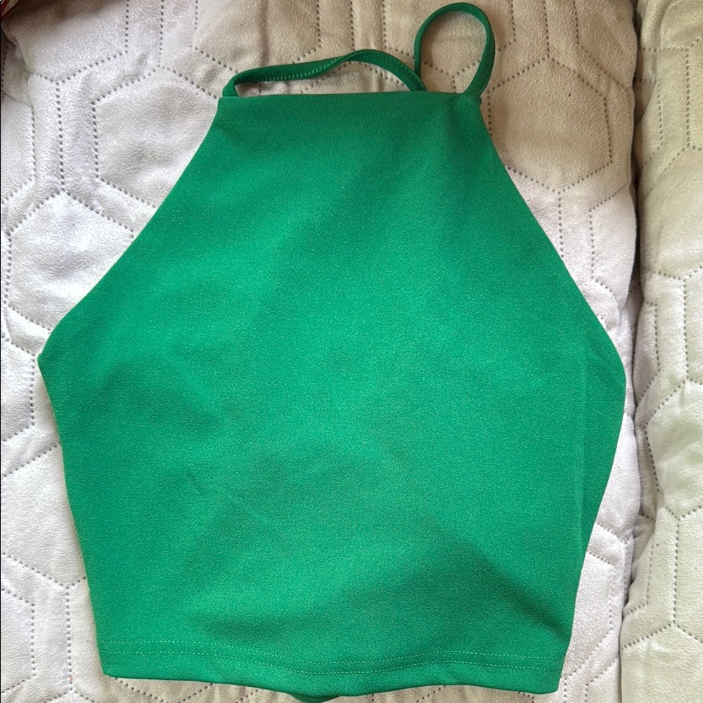 Stradivarius Green Asymmetrical Crop Tank Top with Strap Crisscross Tie-up Back